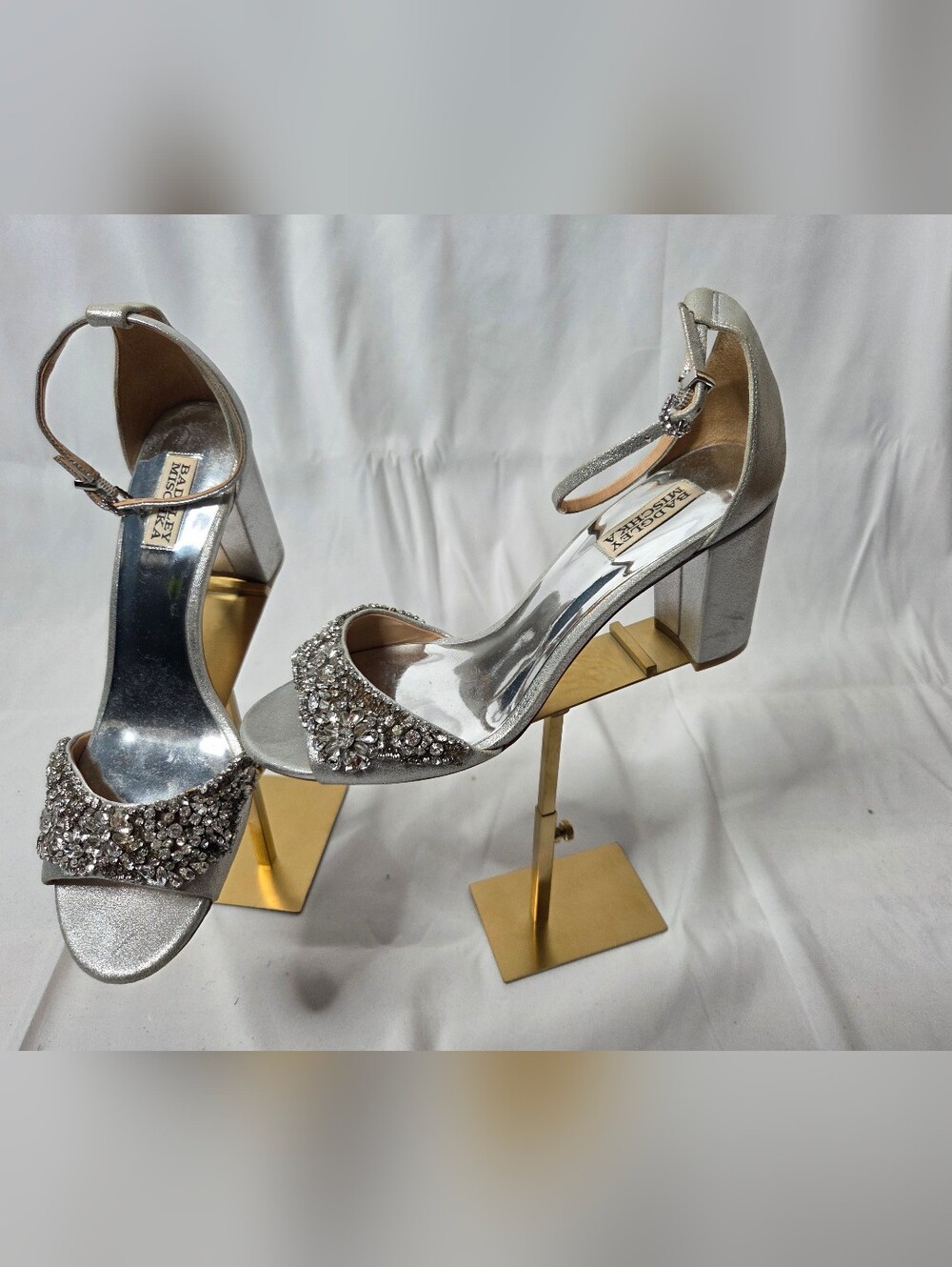 Badgley Mischka Silver Embellished Block Heel Sandals